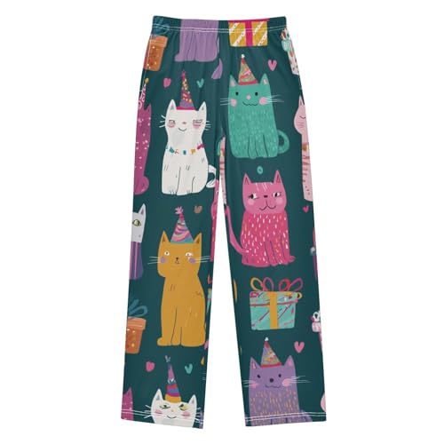 Birthday Cat Love Heart Boys Long Pants Soft Trousers Elastic Waist Kids Lounge Bottoms with Pockets S-XL
