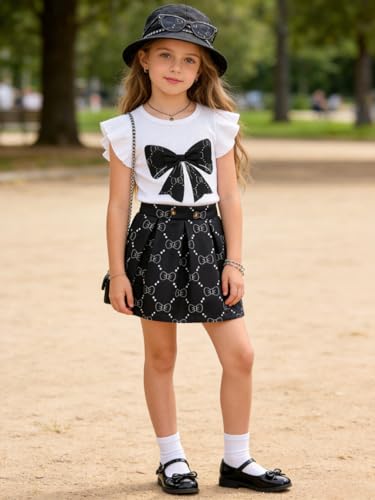 Image of Azmxynol Toddler Girls Clothes Cap Sleeve T-Shirt + Bowknot Print 2pcs Summer Shorts Outfit Set For Girls, Size 4-8 Years