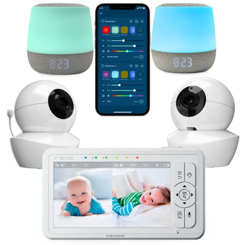 Image of Babysense 3 in 1 Video Baby Monitor with 2 HD Cameras & 5" HD Display Bundled with 2 Smart Baby White Noise Sound and Light Machines for Multiple-Children Monitoring