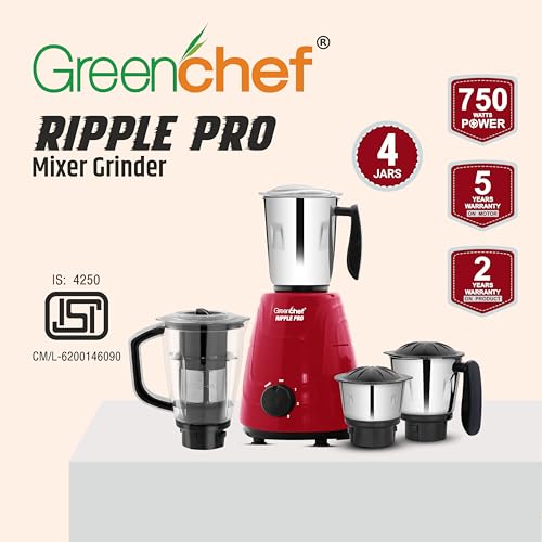 Image of Greenchef Ripple Pro Mixer Grinder - 3 SS Jars with SS Blades,Juicer Mixer Jar,1HP power, 230-240v,18000 RPM,Red Color,ISI Certified,Heavy Duty Motor,5 Year Warranty on Motor