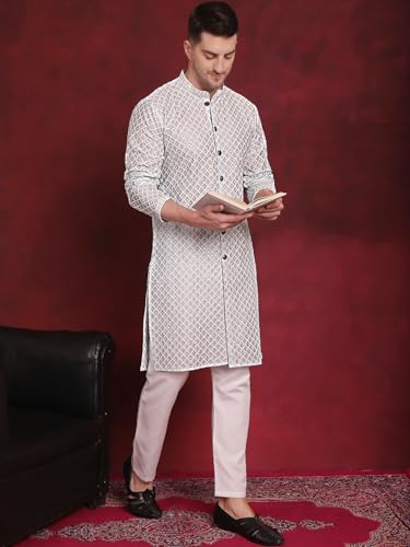 Image of Jompers Men's Silk Blend Regular Fit Sequin Chikankari Front Open Kurtas