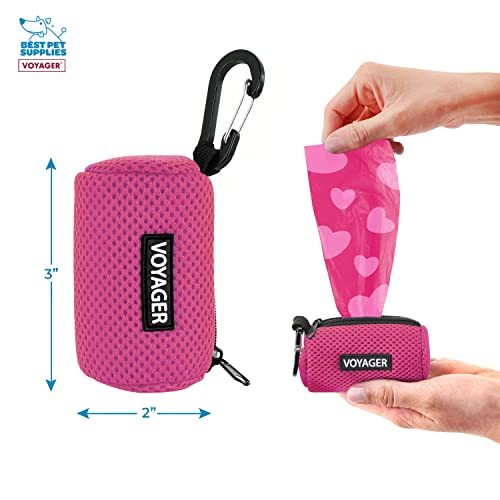 Image of Best Pet Supplies Dog Poop Bag Holder Leash Attachment with Reusable Dispenser for Travel, Walking, Park, and Outdoor Use, Durable with Clip-On - Fuchsia, Mesh Dispenser w /15 Bags