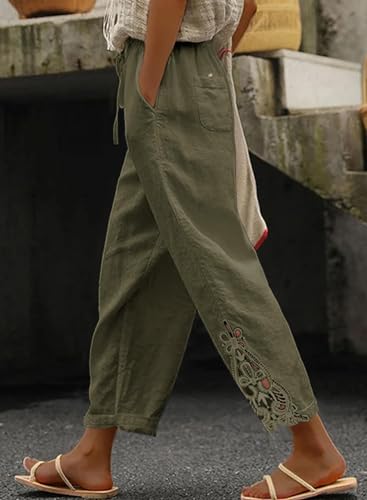 Women Casual Lightweight Drawstring Elastic Waist Cropped Linen Pants Fall Spring Slacks Capri Pants Trendy Fashion 2025 Beach Trousers with Pockets Green X-Large2