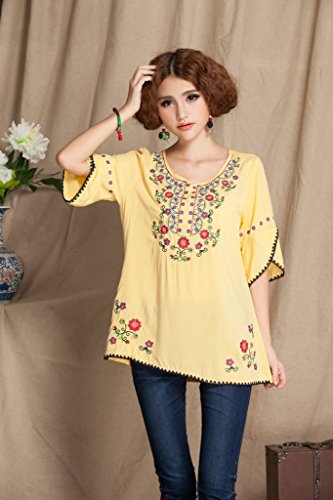 Image of Mexican Shirts Peasant Blouses Cotton Embroidered 3 /4 Sleeve Bohemian Tops Boho Clothes for Women Summer Fiesta
