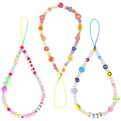 SONGTIY 3PCS Beaded Phone Lanyard Wrist Strap, Colourful Flower Pearl Fruit Phone Charm, Handmade Polymer Clay Acrylic Beads Anti-Lost Phone Chain for Women Christmas Girls Cover