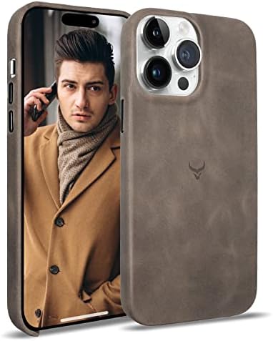 Cretanbull Genuine Leather iPhone 14 Pro Max Case - Compatible with MagSafe - Oil Waxed Full Grain Anti-Scratch Leather Case - Shockproof, Drop Proof, Protective Slim Case (14 Pro Max Ash)