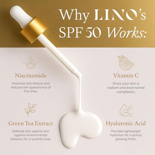 Lino All-In-One Serum with SPF 50, Zinc Oxide Mineral Sun Drops, No White Cast, Vitamin C, Hyaluronic acid, Niacinamide, Green Tea extract, Sun Protection, Non-Comedogenic