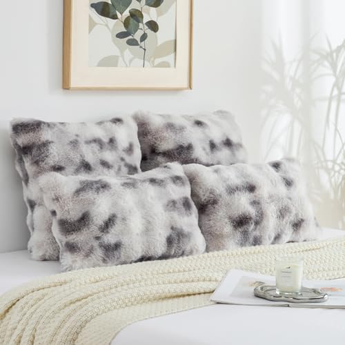 FUTEI Grey White Decorative Throw Pillow Covers 18x18 Inch Set of 2,Soft Fuzzy Faux Rabbit Fur Cushion Covers with Raised Texture,Neutral Boho Home Decor for Couch Bed Living Room
