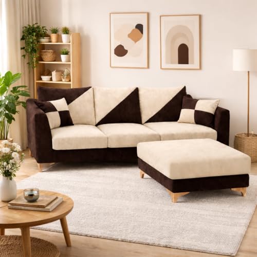 Image of Juliet 4 Seater L Shape Sofa Set with Movable Ottomans | Flexible Layout | Rich Velvet Suede Fabric | Silver Legs | Dual Tone Modern Sofa for Living Room (Dark Brown-Cream)