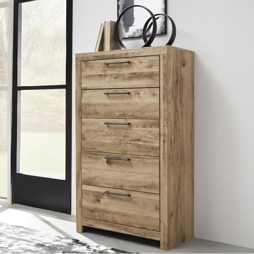 Image of Signature Design by Ashley Hyanna Rustic 5-Drawer Chest with Safety Stop for Bedroom, Light Brown