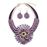 RUIYIMING Statement African Necklace For Women African Jewelry Costume Earring Sets Tribal Fashion Colorful Big Rhinestone Crystal Pendent Collar Choker Bold Chunky Bib Handmade (Flower Purple)
