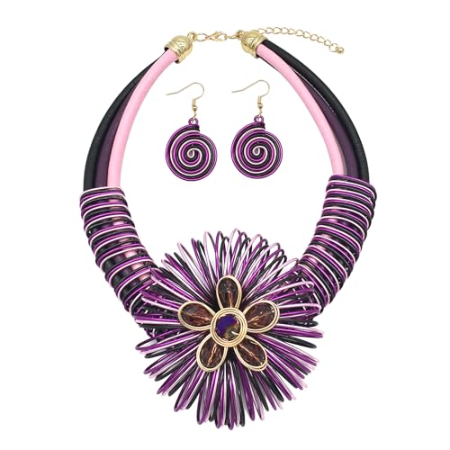 RUIYIMING Statement African Necklace For Women African Jewelry Costume Earring Sets Tribal Fashion Colorful Big Rhinestone Crystal Pendent Collar Choker Bold Chunky Bib Handmade (Flower Purple)