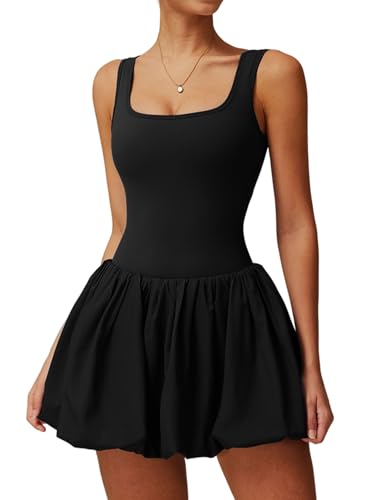 Women's Tennis Dress - Backless Sleeveless Yoga Athletic Square Neck Mini Golf Dress With Built-in Bras & Shorts, Pockets for Sports Active Exercise Workout - Black M