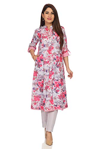 Image of BIBA Womens Mandarin Collar Floral Print Kurta and Pants Set