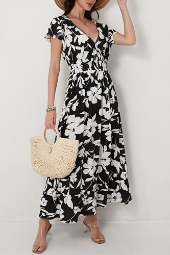 Image of Women's Black Floral Maxi Dress Casual Sleeveless V-Neck Vacation Beach Summer Dress for Women