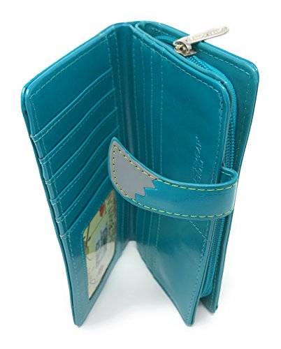 Shag Wear Fluffy Cat Green-Eyed Kitty Large Wallet for Women and Teen Girls Vegan Faux Leather Teal 7"3