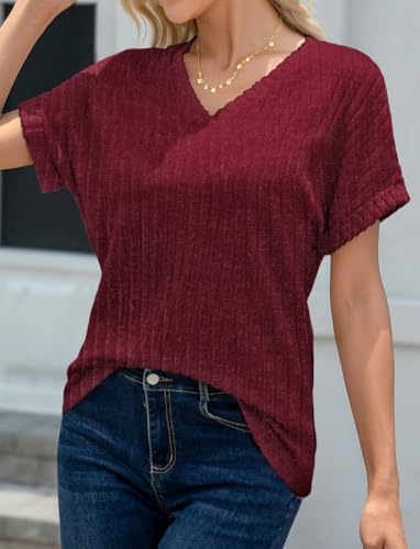 Womens Short Sleeve Sweaters V Neck Shirts Fit Pullover Summer Tunic Tops Dressy Business Casual Blouses Outfits2