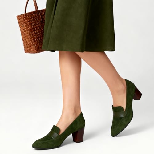 Image of SHODENSE Women Chunky Kitten Heel Pumps Shoes Round Closed Toe Slip On Suede Penny Loafers Matte Block Mid Heels Dress Loafer Almond Toe Comfort Oxford Shoes Office Work Classic Elegant 4-11 M US