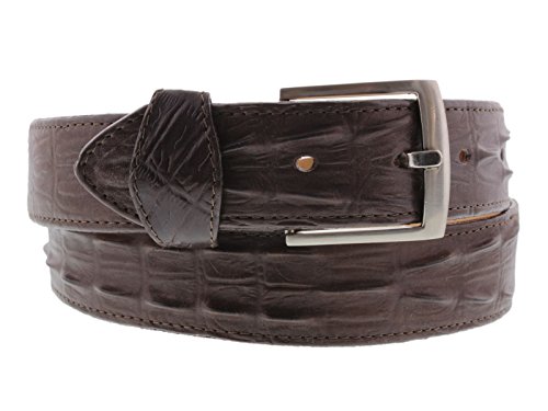 El Presidente Mens Brown Cowboy Belt Crocodile Tail Print Leather Belt Silver Buckle