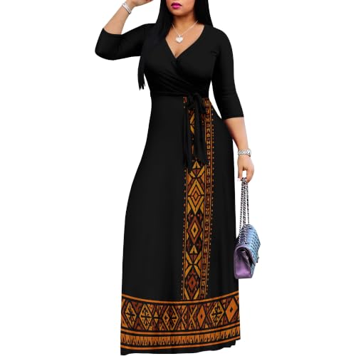 Image of Plus Size Maxi Dress for Women V Neck 3 /4 Sleeve Wrap Dress Black Aztec L | Black Aztec Geometric Women's Maxi Dress