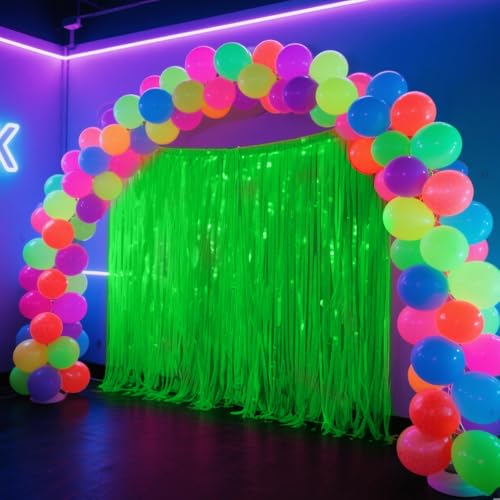 Image of Glow in The Dark Party Supplies, 4 Packs Neon Party Decorations, Macaron Green Blacklight Reactive Fluorescent Tinsel Foil Fringe Curtains, Luminous Backdrop Streamers for Birthday, Photo Booth Prop