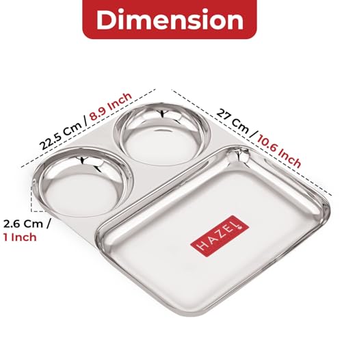 Image of HAZEL Stainless Steel 3 Compartment Plate | Section Thali for Kids & Adults | Rimless Divided Pav Bhaji Tray for Meals & Portion Control
