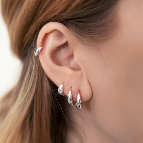 Silver Hoop Earrings Set for Women, Hypoallergenic Small Huggie Earrings Sterling Silver Chunky Silver Earrings for Women Trendy, Silver Hoop Earrings Set for Mulpitle Piercing Stack Cartilage Jewelry Statement Earrings Gifts2