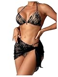 Verdusa Women's 3 Piece Gothic Swimsuits Lace Floral Print Halter Thong Bikini Sets Bathing Suit Black Medium