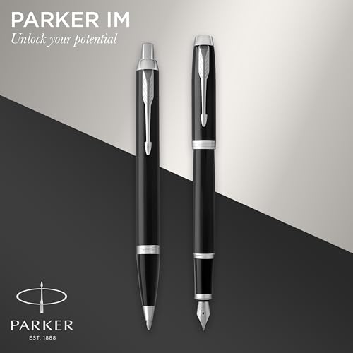 Image of Parker IM Duo Pen Gift Set, Fountain Pen, Ballpoint Pen & Case, Black Lacquer with Chrome Trims, Medium Tip, Blue Ink, Perfect Graduation Gifts