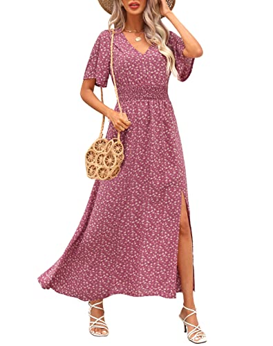 Kranda Women 2025 Summer Spring V Neck High Waist Short Sleeve Casual Long Boho Floral Swing Flowy Slit Beach Maxi Dress