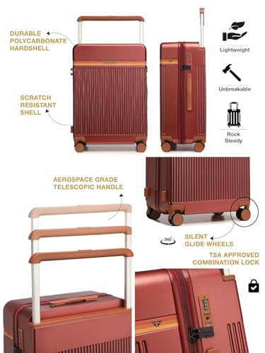 Image of FUR JADEN The Aviator 75cm German Polycarbonate Travel Luggage Suitcase with 8 StealthTech Silent Shock Absorbing Wheels, TSA Lock & Aerospace Grade Wide Trolley (CherryM, Cabin 28 inch)