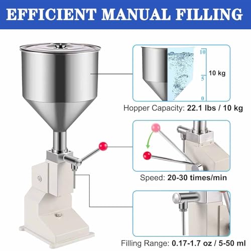 Riempitrice liquida - Riempitrice quantitativa a pressione manuale da 10-100 ml con tramoggia da 10 litri per miele, olio, shampoo - Riempitrice manuale per bottiglie di pasta per piccole imprese