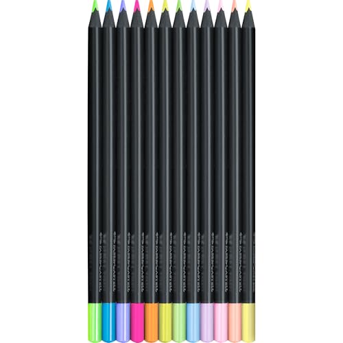 Faber-Castell 116410 Black Edition Buntstifte Neon & Pastell 12er Box, Lebendige Buntstifte, Bruchsichere Kunststifte mit ergonomischem Griff, Malstifte für helles und dunkles Papier