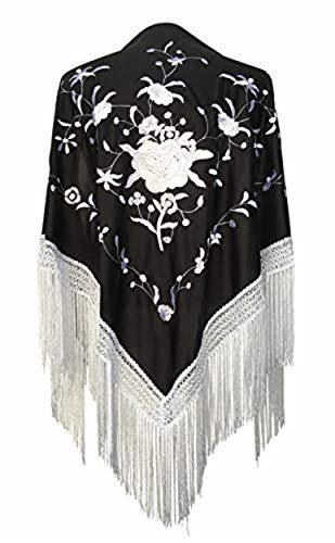 AMINA Medium Peak Shawl Triangular Flamingo or Sevillanas (175 x 75 cm) Black Body, Embroidered and White Fringes