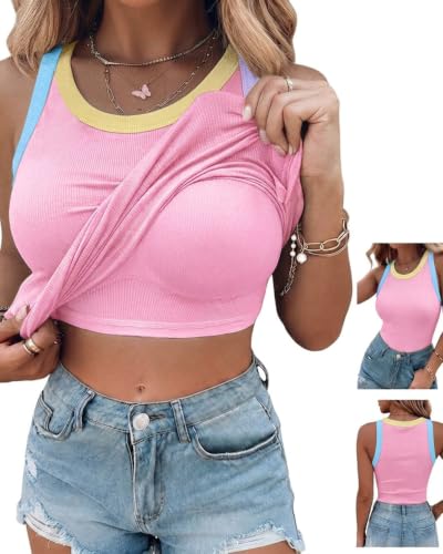 Image of CHICME Womens Sleeveless Ribbed Built in Bra Tank Tops | Color-Block, Crewneck Padded Racerback Shirts, Slim Fit, High Stretch Fabric, Casual Basic Tank for Going Out & Layering