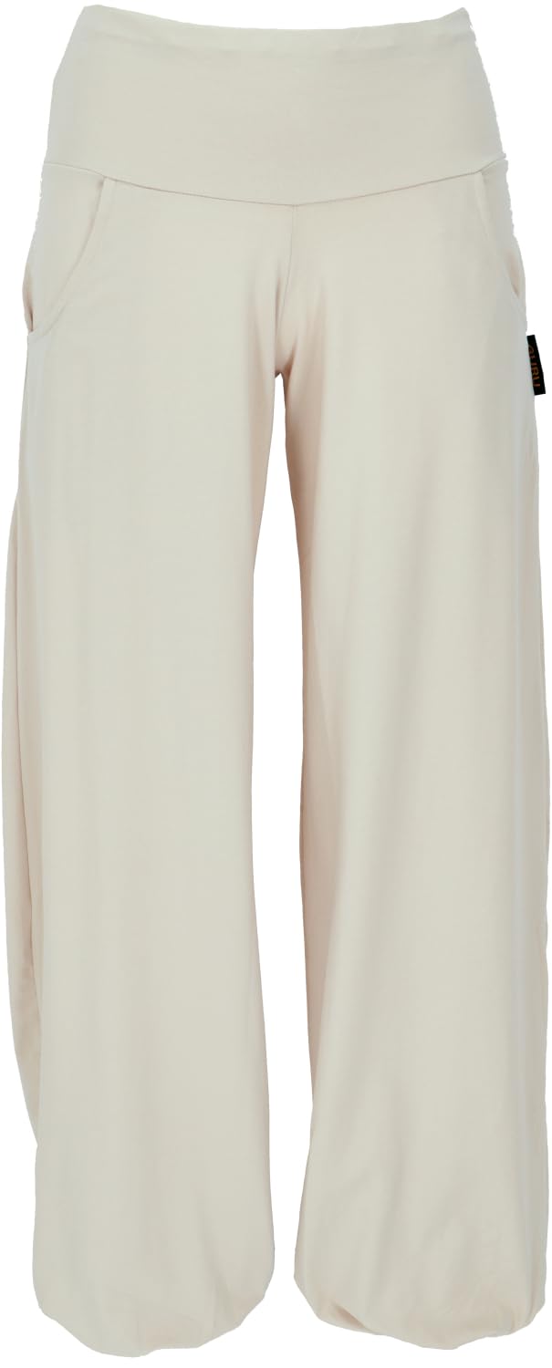 GURU SHOP Yogahose aus Bio-Baumwolle, Pluderhose für Damen, lang, Sand | Damen, lange Hose, Passform: loose, mit breitem Bund, zwei Taschen, angenehm zu tragen, ideal für Yoga und Dancefloor.