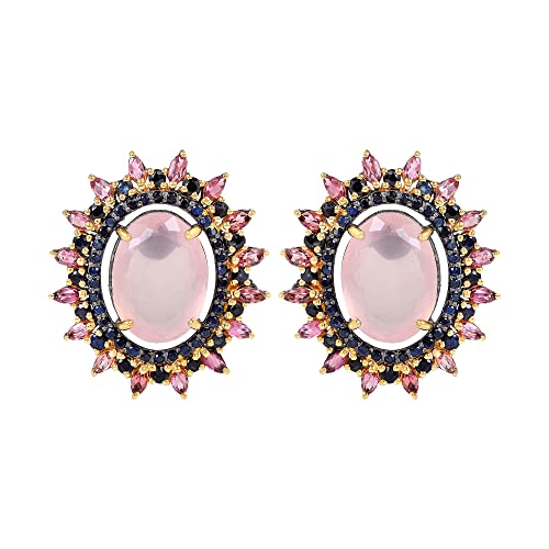 Boucles d'oreilles quartz rose et saphir en argent rhodié noir fait main