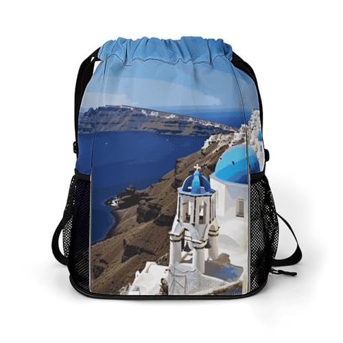 Mochila con cordón de Santorini para adultos con zapatero y bolsillos de malla
