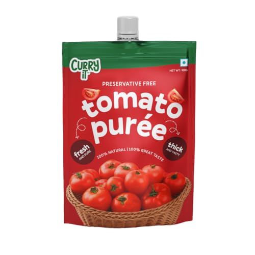 Image of CURRYiT Tomato Puree | Made With 100% Fresh Hand Picked Tomatoes | No onion & Garlic | Tomato Paste For Cooking Pasta & Curries | No Added Preservatives or Colors | Pure & Natural (100g x 3) 300g