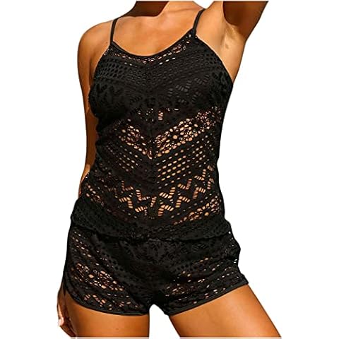NaRHbrg Tankini Swimsuits for Women Retro Bathing Suits Two Pieces Modest Crochet Lace Sports Tank Tops with Boyshorts Black Cover