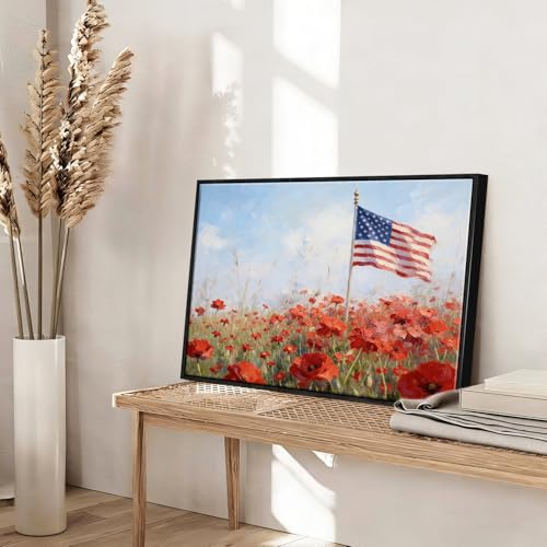 Image of American Flag Framed Canvas Wall Art, 4th of July Floral Canvas Prints, Wildflower Landscape Patriotic Decorations, Vintage Rustic Independence Day Wall Decor for Bedroom Living Room Office 12x16