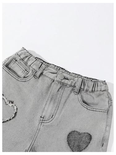 WDIRARA Girl's Heart Patched Elastic Waist Straight Leg Jeans Denim Pants3