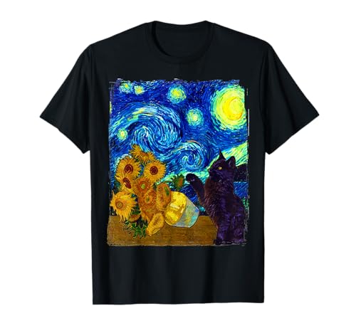 Starry Night Black Cat, Funny Van Gogh Sunflower, Cat Lover T-Shirt