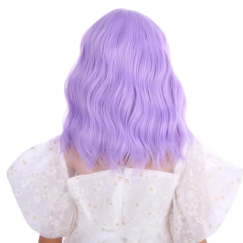 Image of Girls Lavender Purple Wig Child Short Light Purple Wavy Curly Wig Kids Wigs with Air Bangs Heat Resistant Synthetic Wigs with Cap