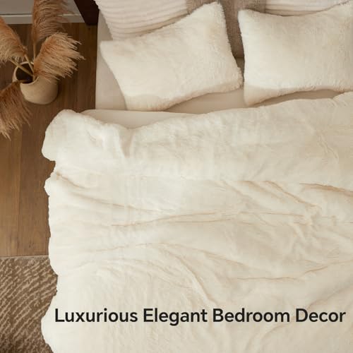 Image of BEDELITE Cream White Fluffy Comforter Set Queen, Fuzzy Faux Fur Comforter | Warm Fleece Shaggy Bedding for Winter, Soft & Cozy Plush Bed Set with 2 Pillowcases