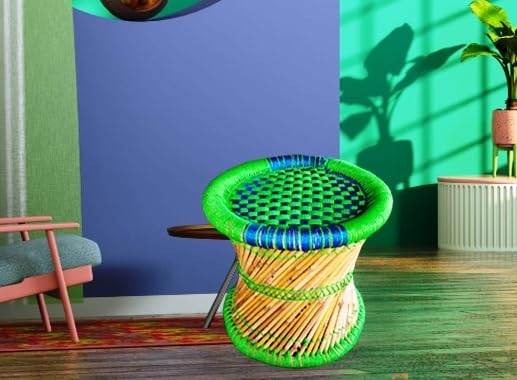 Sitting and footrest Hand Made Bamboo Stool Stylish Degine Use for Living Room, Bedroom, Dining Room Balcony Office,Indoor & Outdoor, Garden etc.. Size -15x15 Set of-1 Colour-Green-Blue. 4