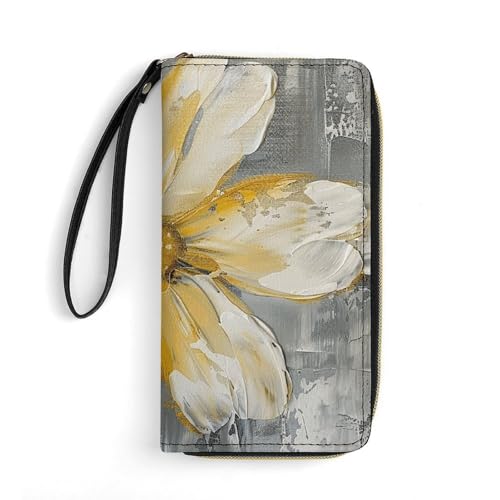 Womens Leather Wallets Yellow And White Flowers Wallet for Women Large Capacity Card Phone Holder Ladies Purse with Wriststrap