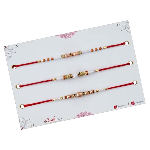 Image of eCraftIndia Red & Golden Set of 3 Trishul with Damru, Lord Ganesha, & Lord Krishna Playing Flute Religious Rakhis with Roli Chawal Pack