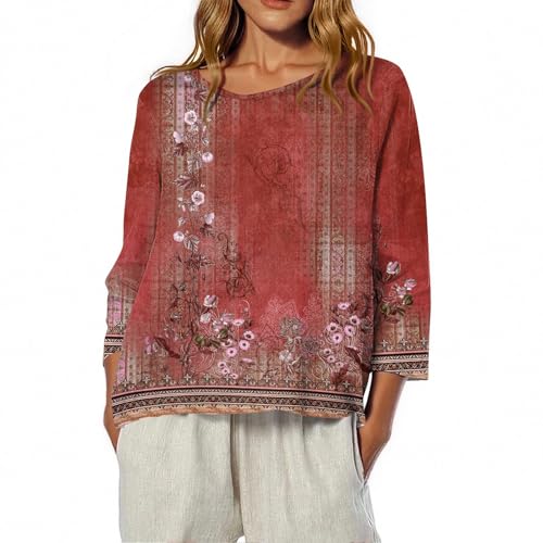 Fall T Shirts Women Loose Fit Linen 3/4 Sleeve Boat Neck Tops Dressy Casual Blouses Floral Print Elbow Sleeve Tops2