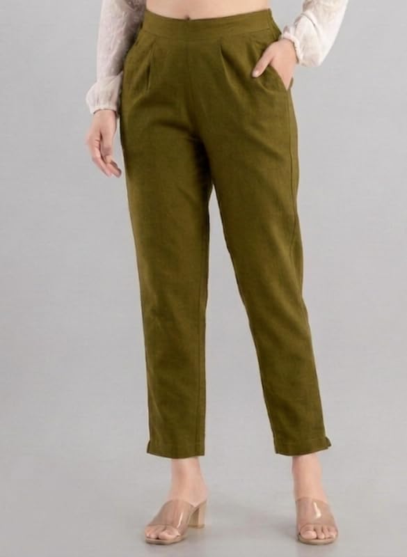 Image of Solid Cotton Woman Trousers Pants Regular Fit Kurti Pant with Drawstring Daily Office Formal Casual Use